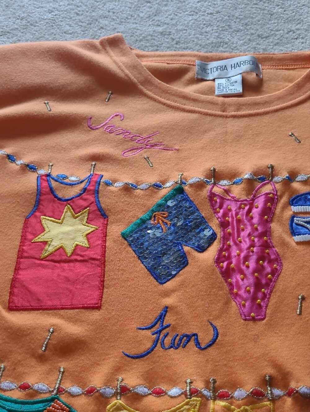Victoria Harbour VINTAGE Size S Short Sleeve Orange Embellished Beach Tee - Picture 3 of 16
